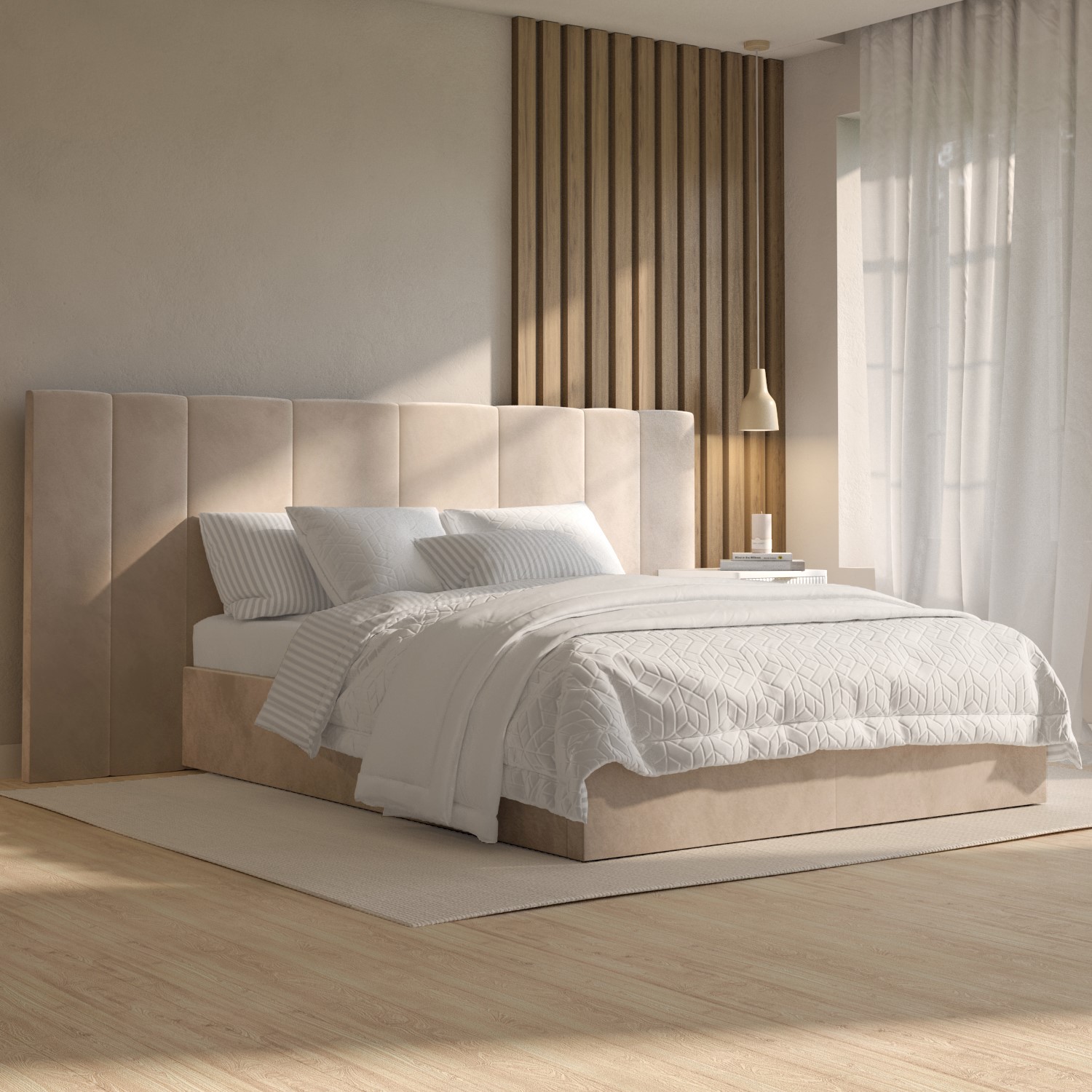 Read more about Beige velvet double ottoman bed with wide headboard iman